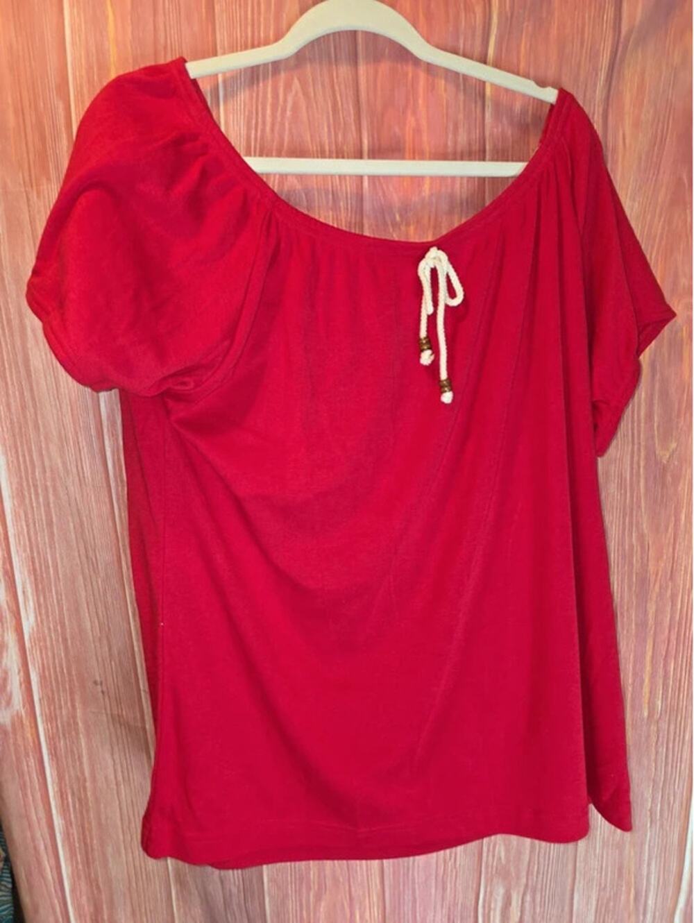Carolina Colours Plus Red Beaded Drawstring Scoop Neck Peasant Top 20W